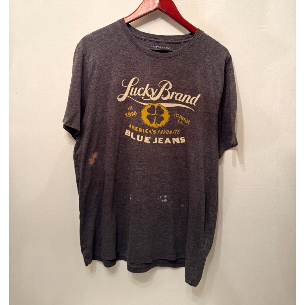 Lucky Brand Men’s Graphic Logo T-Shirt Gray XL Crew Neck Short Sleeve Bleached